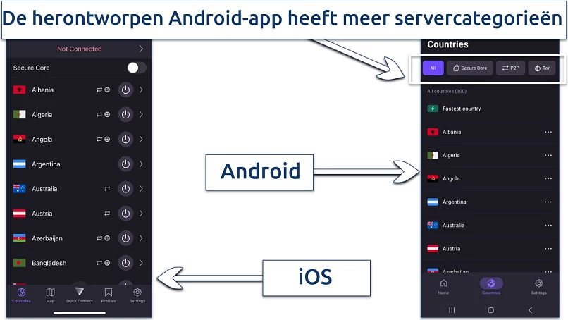 Een screenshot dat laat zien dat de Android-app van Proton VPN meer opties weergeeft onder het landmenu vergeleken met de iOS-app