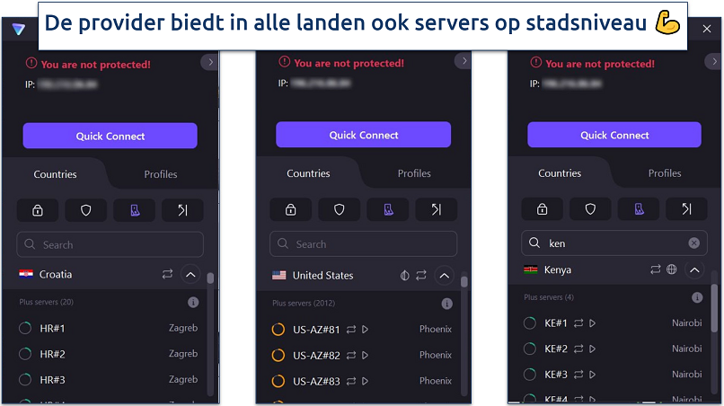 Een screenshot die laat zien dat Proton VPN servers op stadsniveau biedt