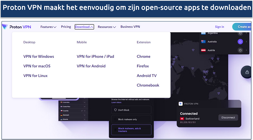 Een schermafbeelding die de downloadpagina van Proton VPN laat zien, samen met de apparaten die door de VPN worden ondersteund