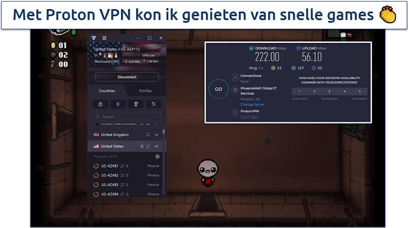 Een schermafbeelding die het spelen van The Binding of Isaac laat zien terwijl verbonden met Proton VPN's snelste server