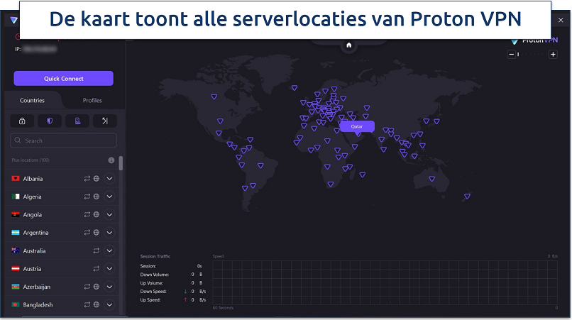 Een schermafbeelding van het startscherm van de Proton VPN app op Windows