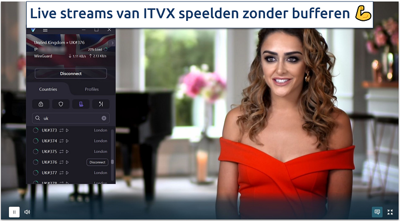 Een screenshot van ITVX die The Real Housewives of Cheshire streamt terwijl verbonden met Proton VPN's VK streaming-geoptimaliseerde server