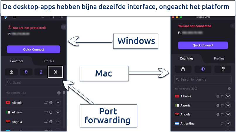 Een screenshot dat laat zien dat de interface van Proton VPN bijna hetzelfde is tussen de Mac- en Windows-apps