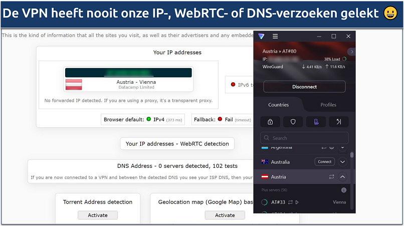 Een screenshot toont dat Proton VPN slaagde voor DNS, IP-lek, en WebRTC tests