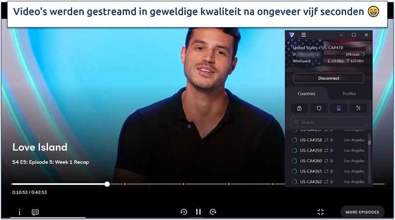 Een screenshot van Peacock die Love Island streamt terwijl verbonden met Proton VPN's US streaming-geoptimaliseerde server