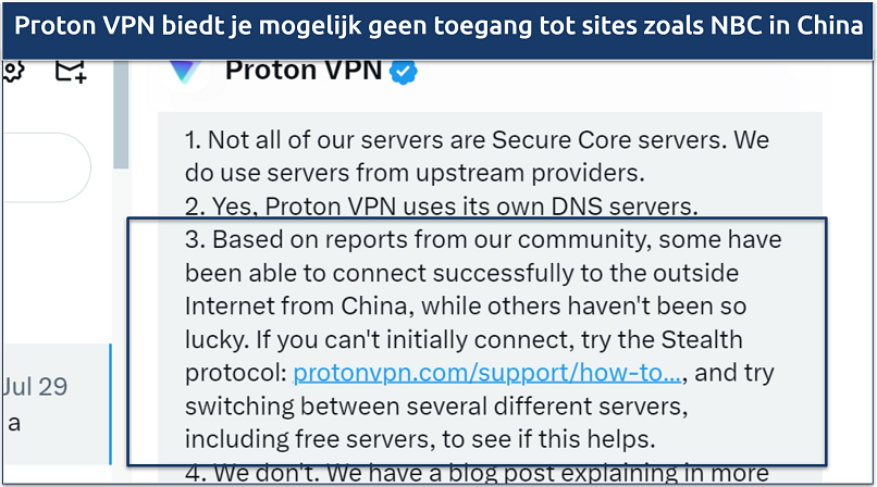 Een screenshot waarin het support team van Proton VPN bevestigt dat de VPN mogelijk werkt in China