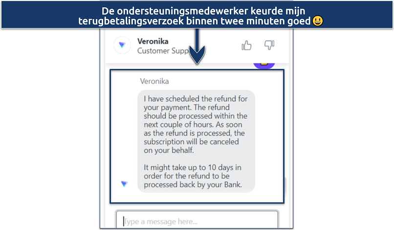 Een screenshot laat zien dat je via de live chatfunctie van Proton VPN annulering en terugbetaling kunt aanvragen