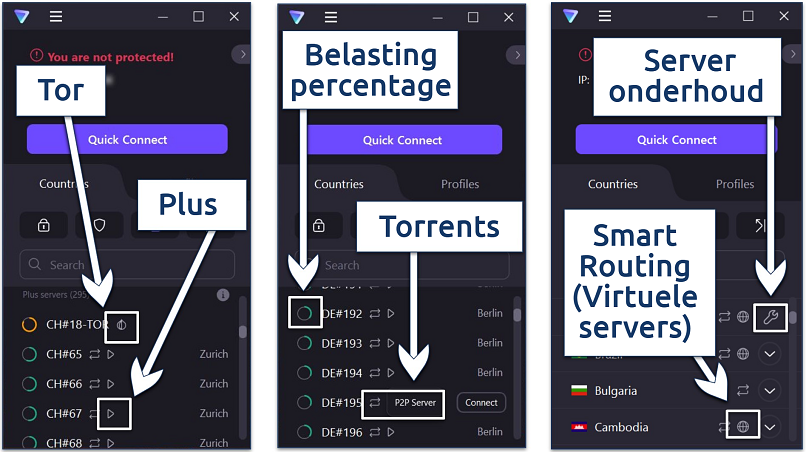 Een screenshot die de verschillende servers aangeboden door Proton VPN toont en hun geassocieerde iconen, naast een icoon dat onderhoud aanduidt