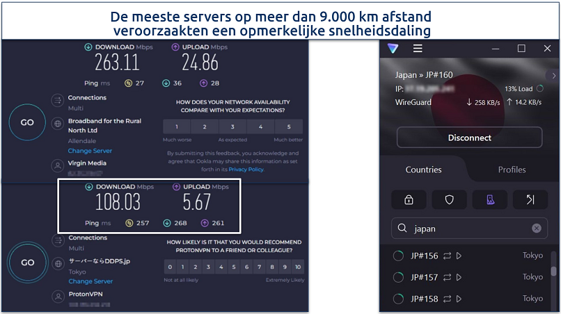 Een screenshot van Ookla snelheidstests uitgevoerd terwijl verbonden met Proton VPN's Japan server en zonder VPN verbinding