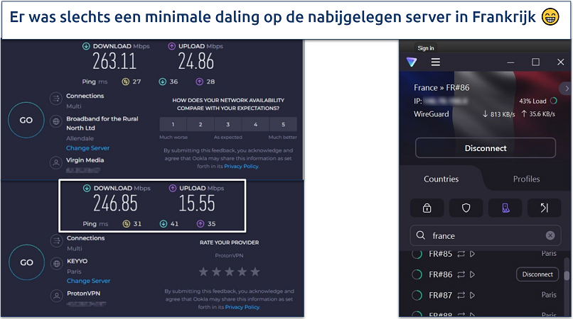 Een screenshot van Ookla snelheidstests uitgevoerd terwijl verbonden met Proton's Frankrijk server en zonder VPN verbinding