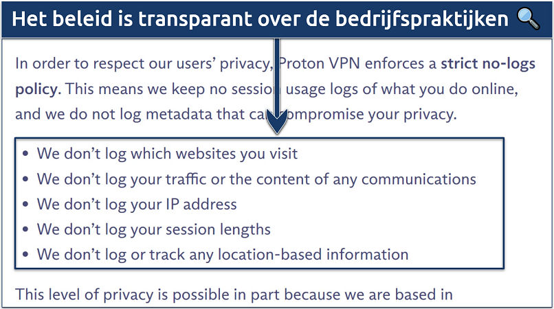 Een screenshot dat laat zien dat Proton VPN geen gevoelige informatie bijhoudt, zoals IP-adres, verkeerslogboeken en sessieduur