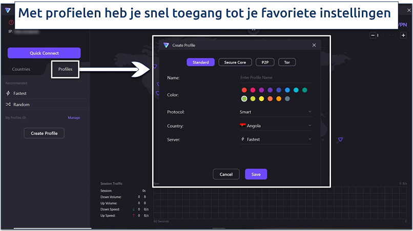 Een schermafbeelding van het venster dat verschijnt wanneer je op profielen klikt op het startscherm van Proton VPN