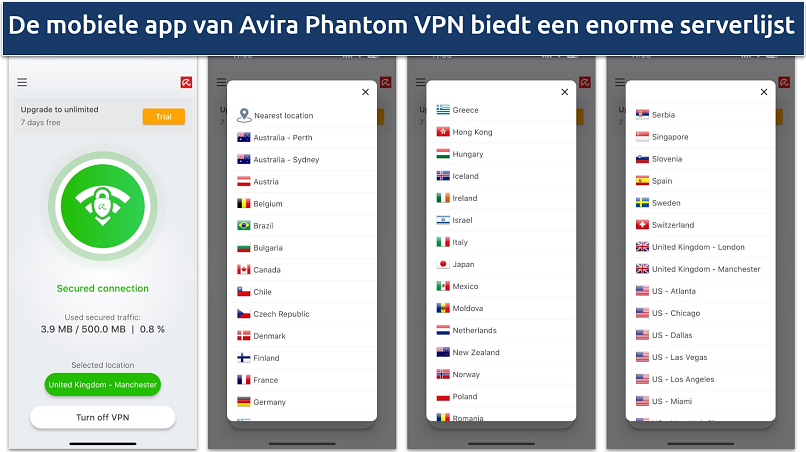 Screenshot of Avira Phantom VPN mobile iOS app showing server network