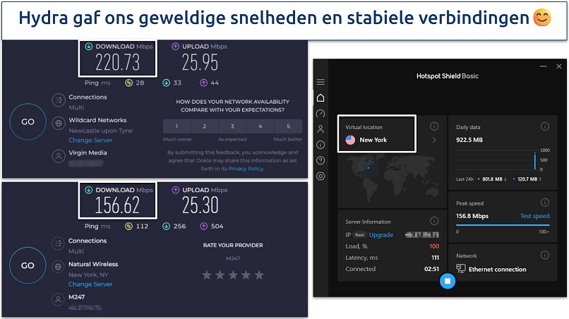 Screenshot of Hotspot Shield's speed test results