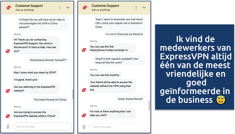 Screenshot showing a chat with the ExpressVPN customer service