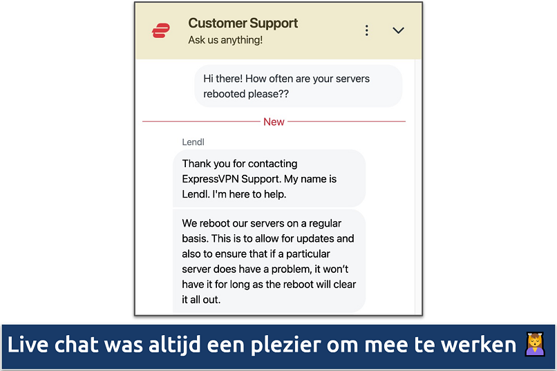 Screenshot showing a chat with the ExpressVPN Customer Support team