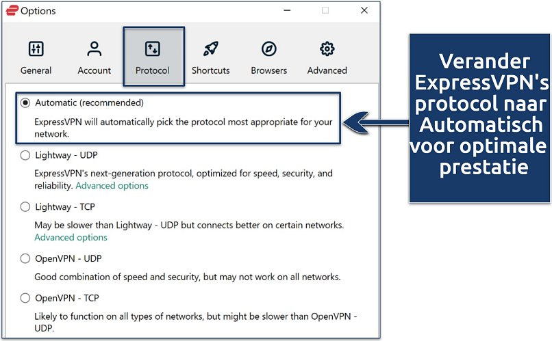 Screenshot van hoe je protocol in ExpressVPN wijzigt