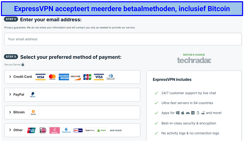 screenshot of ExpressVPN's payment and signup page