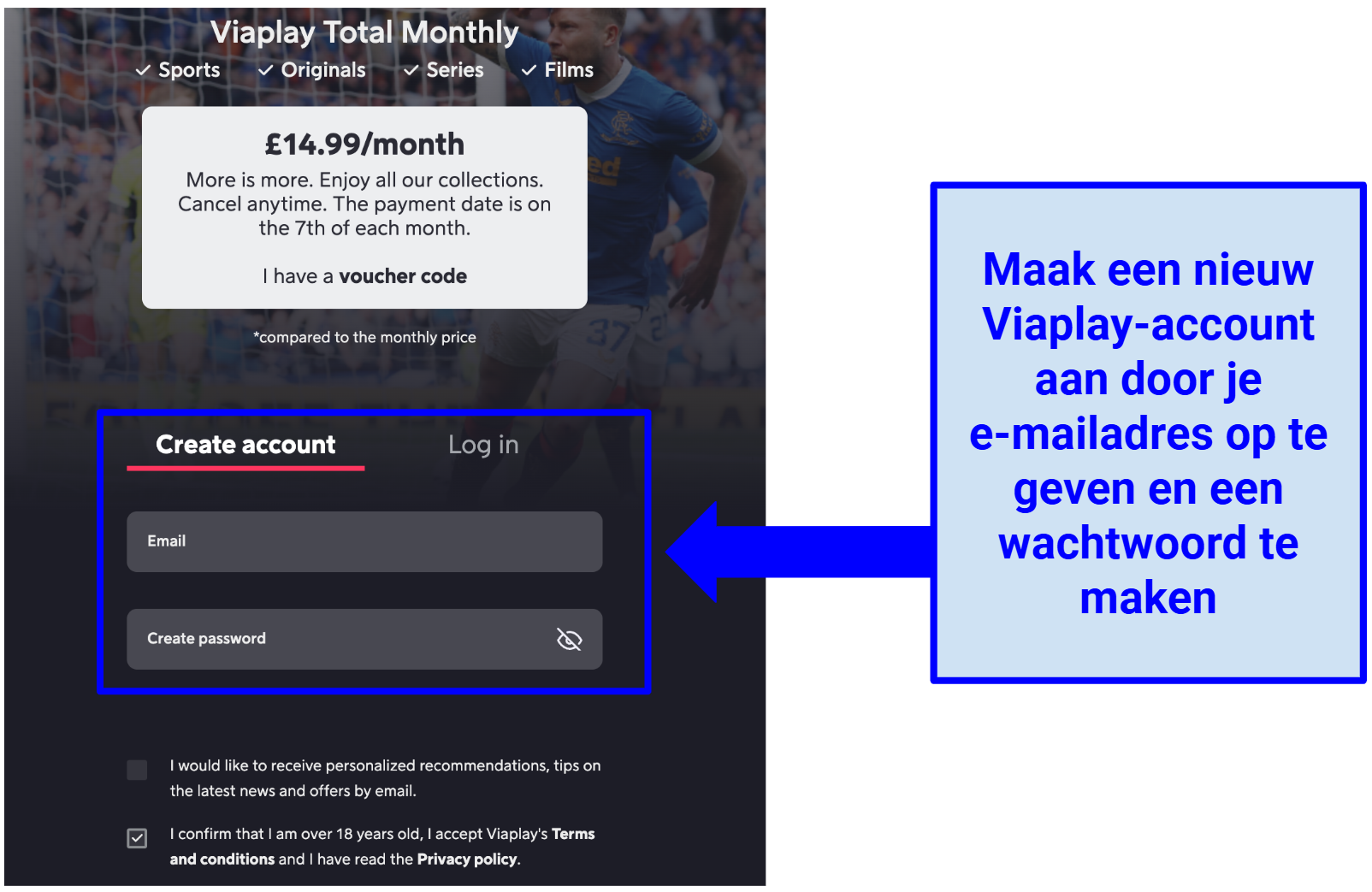 Screenshot of Viaplay account creation page