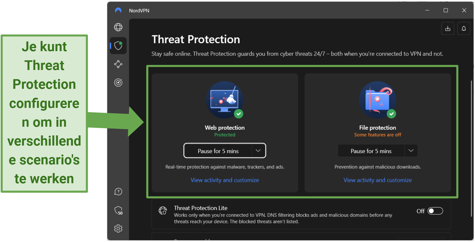 Screenshot of NordVPN's Threat Protection options.