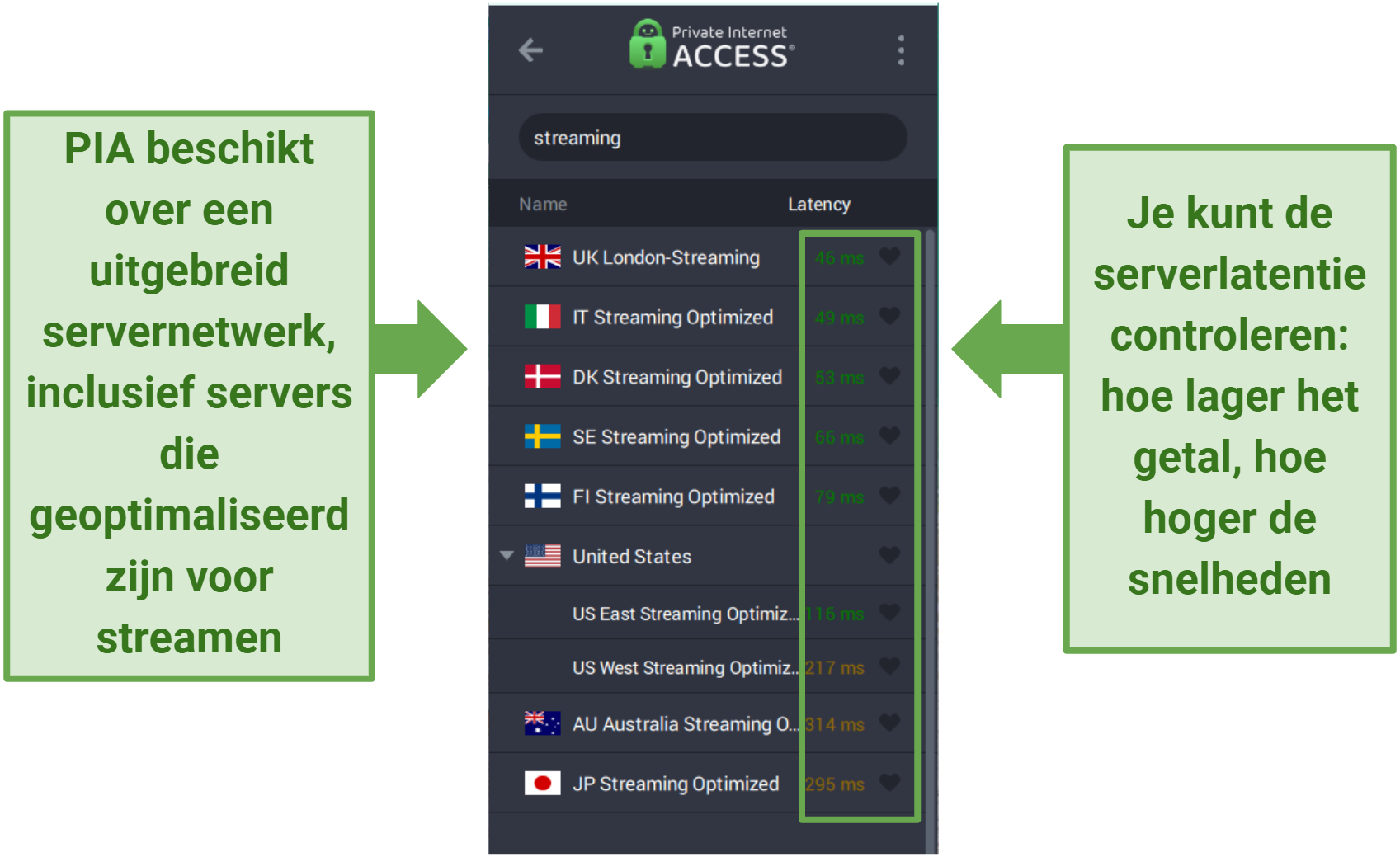 Screenshot of PIA's user interface showing streaming-optimized servers