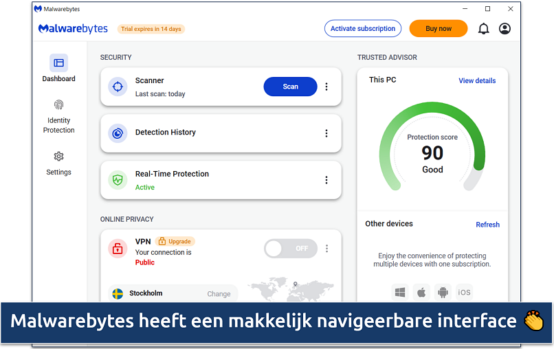 Een schermafbeelding die de eenvoudige en overzichtelijke interface van Malwarebytes toont