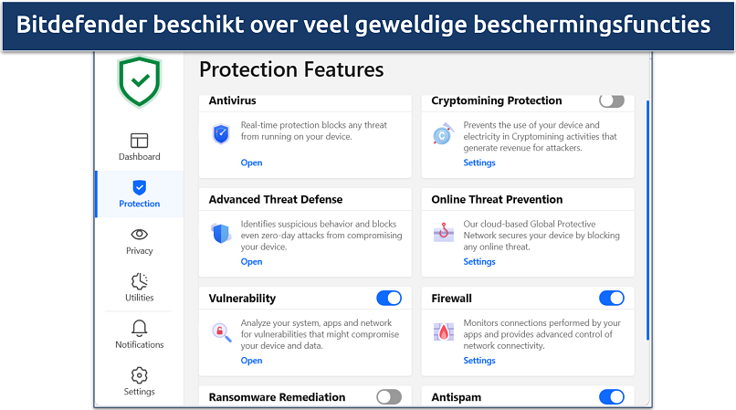 Een screenshot die laat zien dat Bitdefender veel geweldige beschermingsfuncties heeft