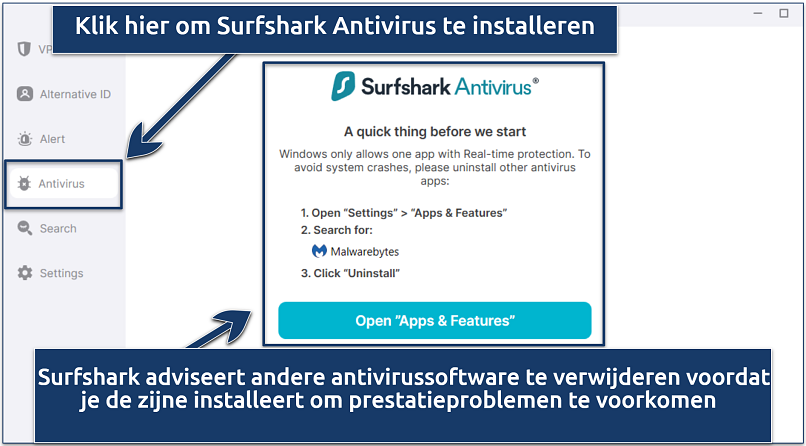 Screenshot die de initiële knop toont om het installatieproces van Surfshark Antivirus te starten, samen met de benodigde voorwaarden