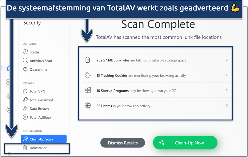 Een screenshot dat laat zien dat de optimalisatiehulpmiddelen van TotalAV werken zoals geadverteerd