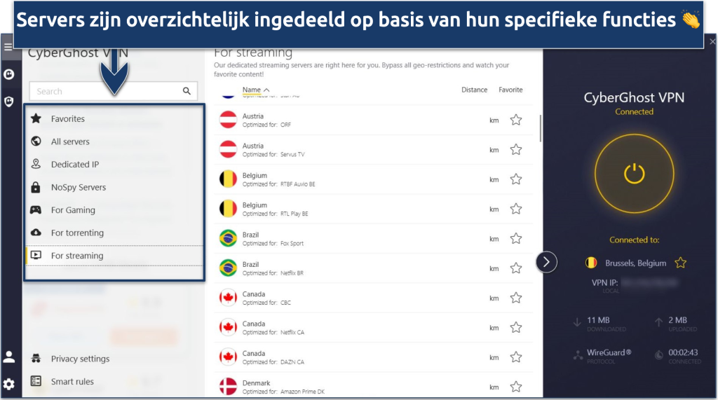Een screenshot waarop de dedicated servers van CyberGhost overzichtelijk zijn