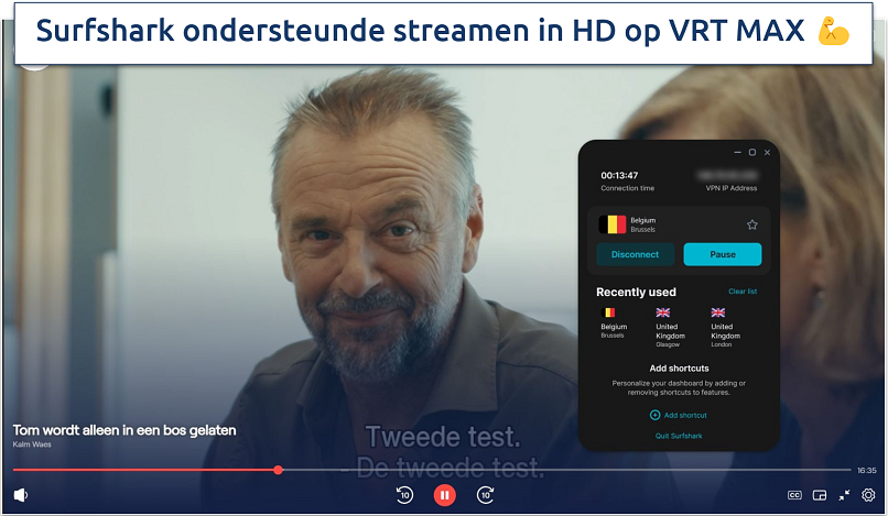 A screenshot showing streaming VRT MAX while connected to Surfshark's Belgium server