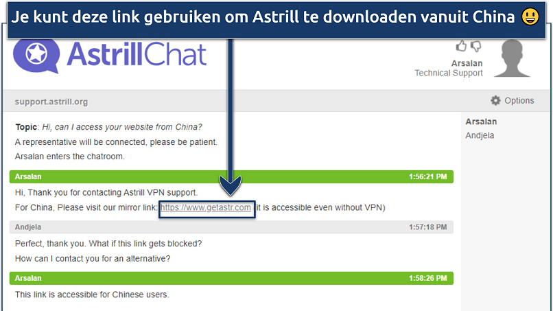 Screenshot met het livechatvenster van Astill VPN met informatie over mirrorsites voor China