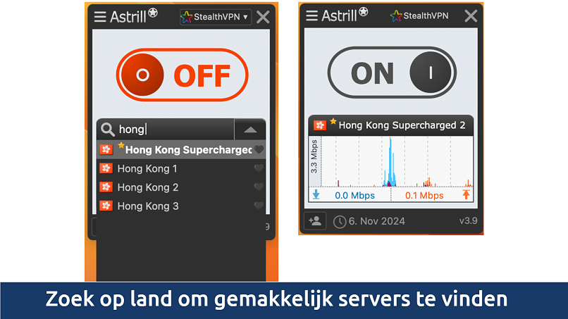 Screenshot van Astrill VPN-app verbonden met een server in Hongkong