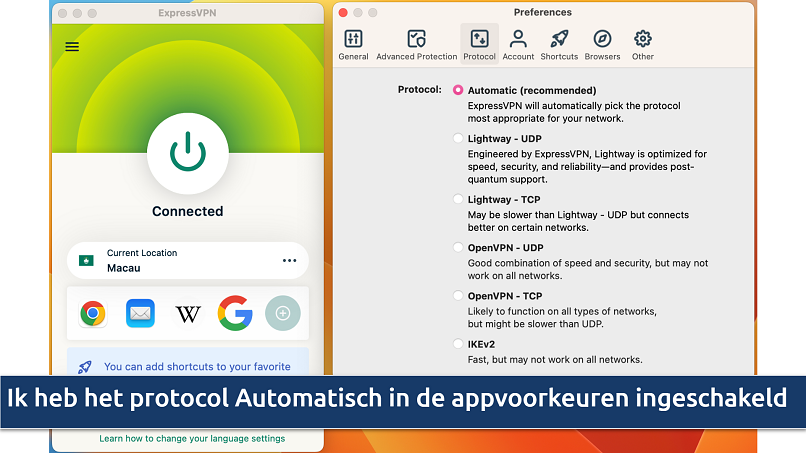 Screenshot van ExpressVPN-appinstellingen met Automatisch protocol geselecteerd