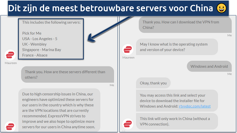 Screenshot die een gesprek toont met de live chat ondersteuning van ExpressVPN over het VPN-gebruik in China