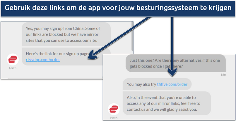 Screenshot van een gesprek met de live chat ondersteuning van ExpressVPN over hun spiegel-URL's voor China