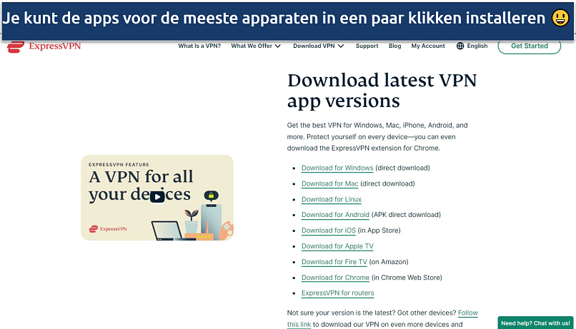 Screenshot van de downloadpagina van ExpressVPN