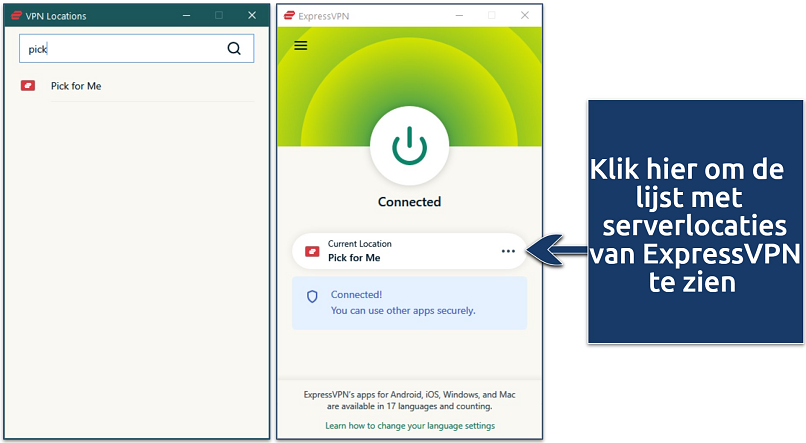 Screenshot van de Windows-interface van ExpressVPN met de server optie 'Kies voor mij'