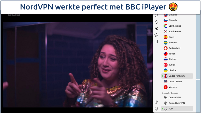 A screenshot of BBC iPlayer streaming with NordVPN connected to a UK server