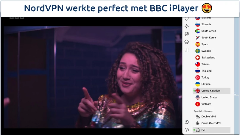 A screenshot of BBC iPlayer streaming with NordVPN connected to a UK server