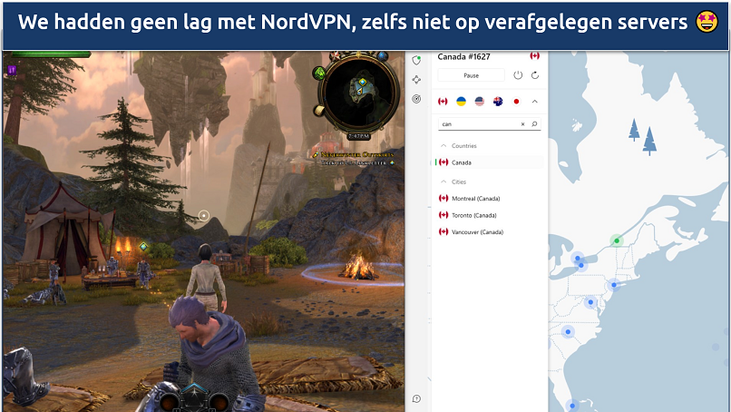 A screenshot of Neverwinter connected to NordVPN's Canada server