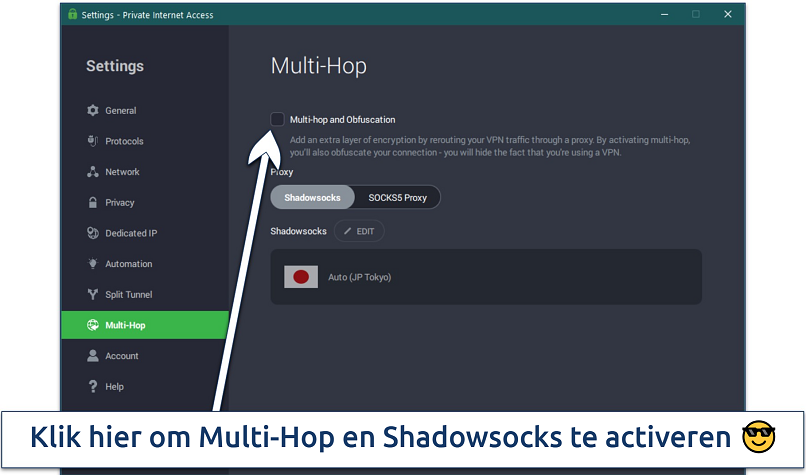 Screenshot van PIA's Multi-hop en obfuscation (Shadowsocks) functie op Windows