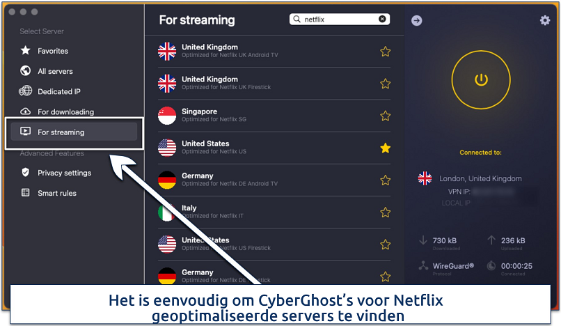 Screenshot of CyberGhost's list of servers optimized for streaming Netflix