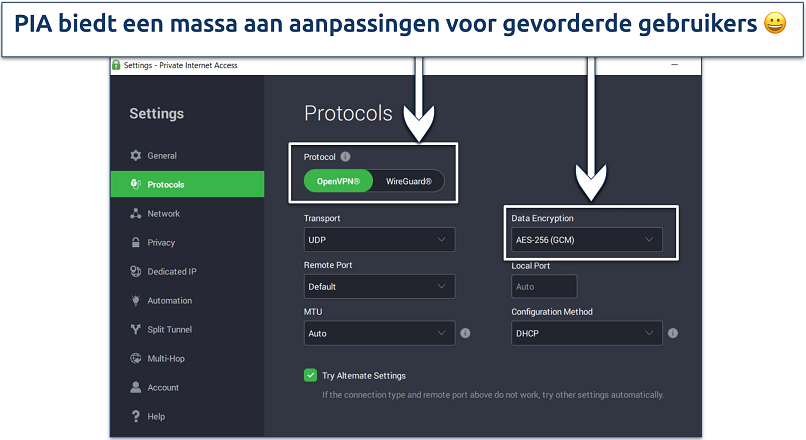 Screenshot van PIA's Windows-app met aanpasbare beveiligingsfuncties