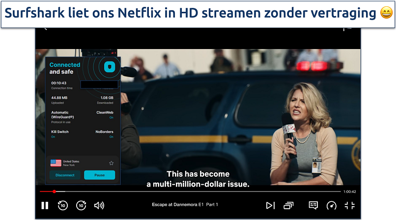 Screenshot die laat zien hoe Surfshark Netflix US streamt met zijn NYC-server