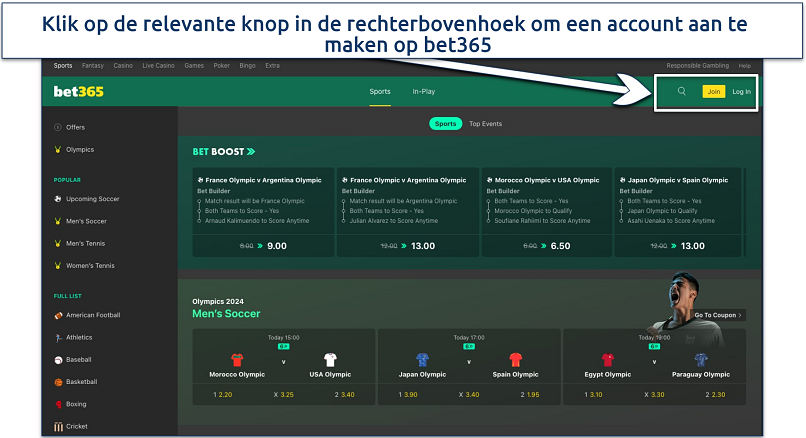 Screenshot of the bet365 platform home page