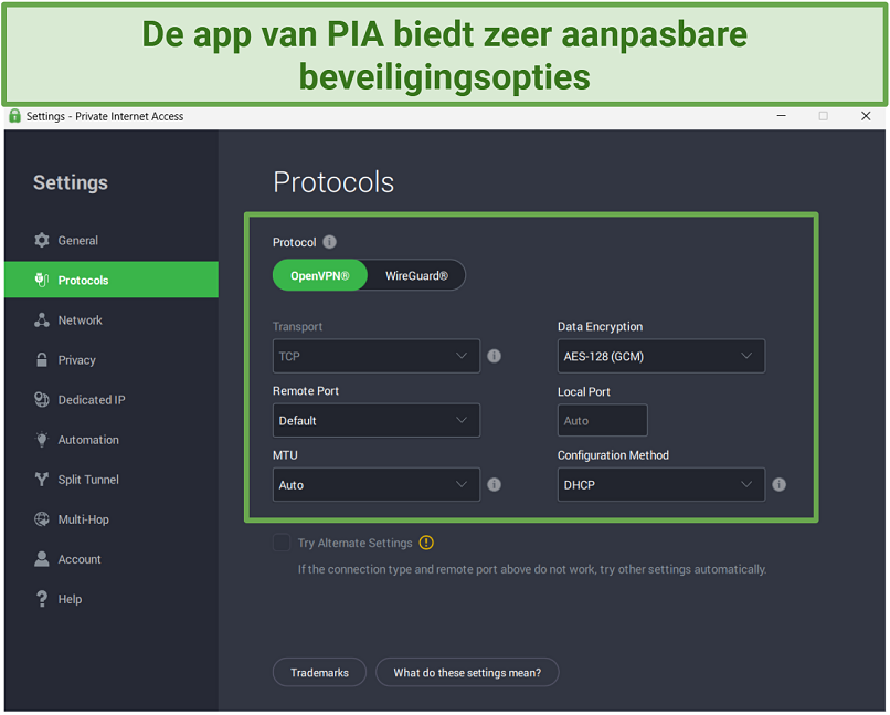 Screenshot van PIA's uiterst aanpasbare beveiligingsinstellingen