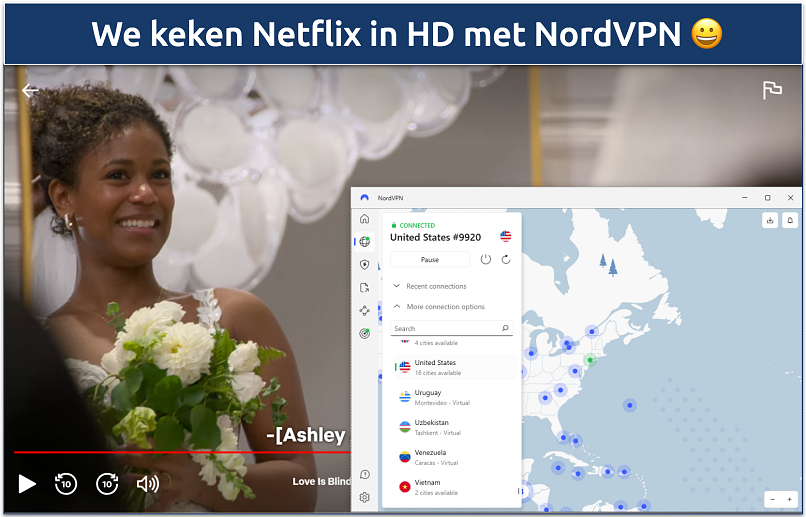 Screenshot waarin Love is Blind wordt afgespeeld op Netflix terwijl NordVPN verbonden is met een Amerikaanse server