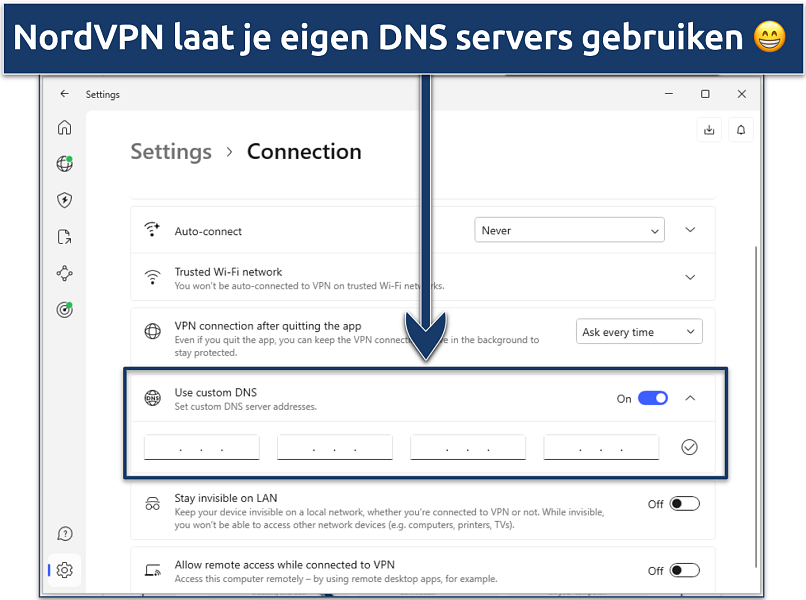 Screenshot die laat zien hoe je je DNS server adres op de NordVPN Windows app kunt veranderen