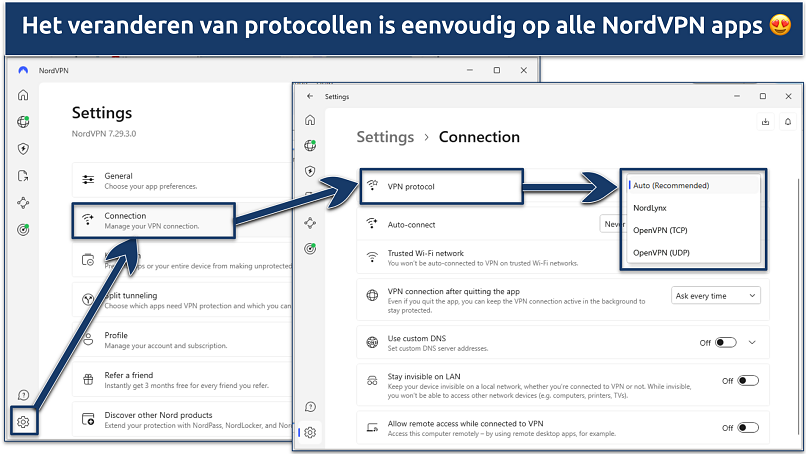 Screenshot die laat zien hoe je wisselt tussen verschillende protocollen op de NordVPN app